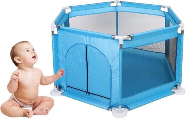 Baby Go Hexagon Baby Playpen, Play Ball Pit with Basket for Toddlers, Safe for Infants and Crawlers, Sky Blue (Balls Not Included)