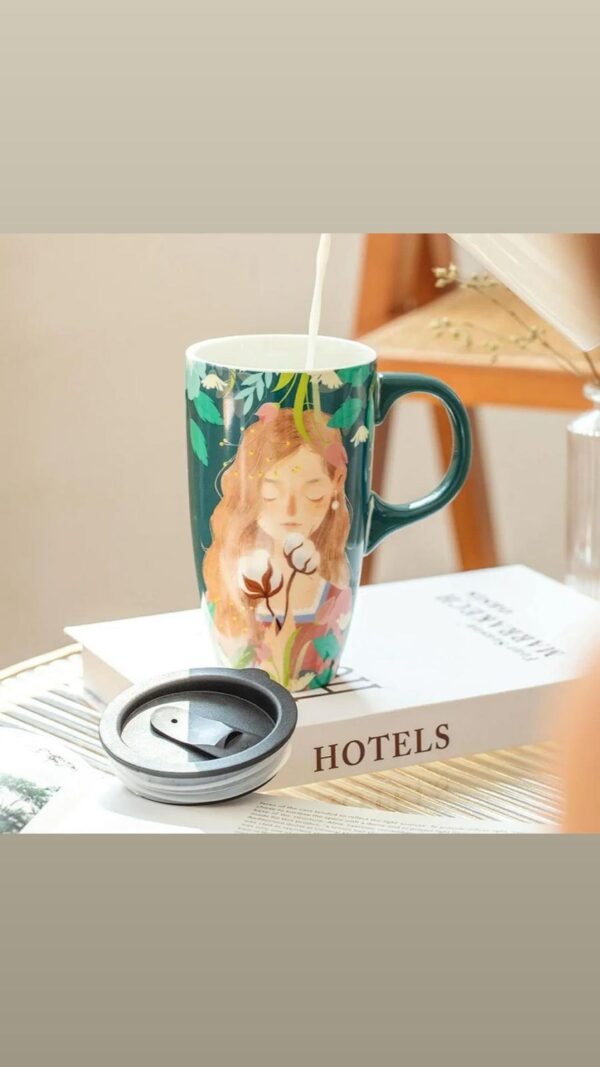 Forest Girl Mug with Lid Ceramic Painting Coffee Cup Cartoon Milk Mug Tea Cup Birthday Gift Office Home (girl green)