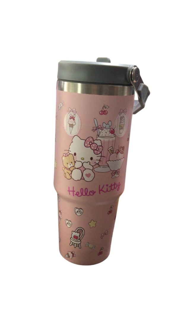 Double Layered Stainless Steel Cartoon Kitty Cup Car Home Travel Tumbler with Handle 900 ML - Image 2