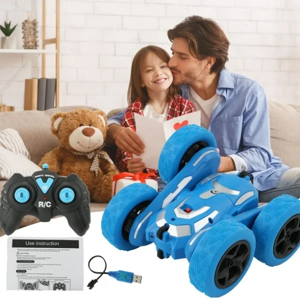 Remote Control Car for Boys Girls Double Sided 360° Rotating RC Stunt Car for Kids 2.4GHz RC Cars with Headlights Blue - Image 3